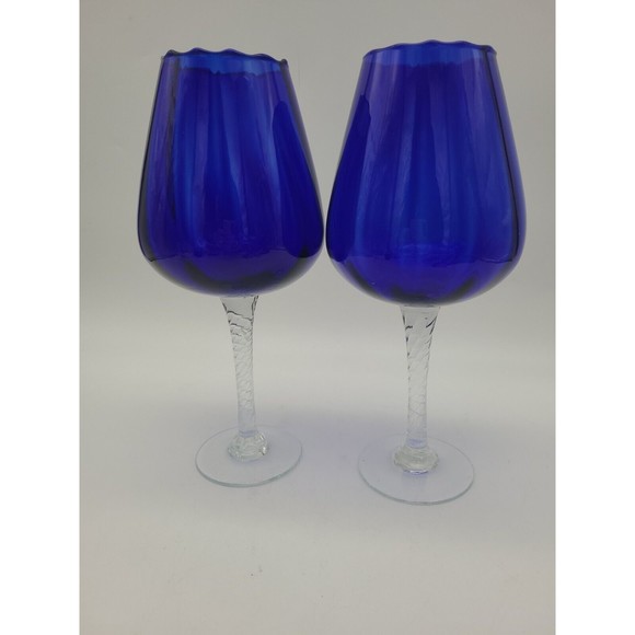 Pair Large Cobalt Blue Glass Goblets Handblown Swirl Stem Fluted Rim 10" - Picture 1 of 9